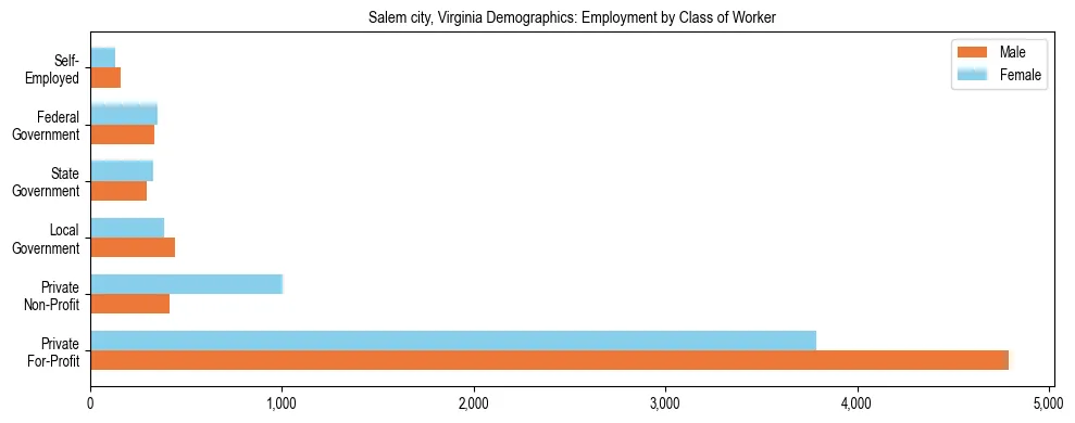 Horizontal bar chart showing employment distribution by class of worker and gender in Salem city, Virginia, based on 2023 ACS data.