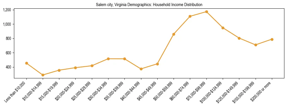 Horizontal bar chart showing household income distribution in Salem city, Virginia.