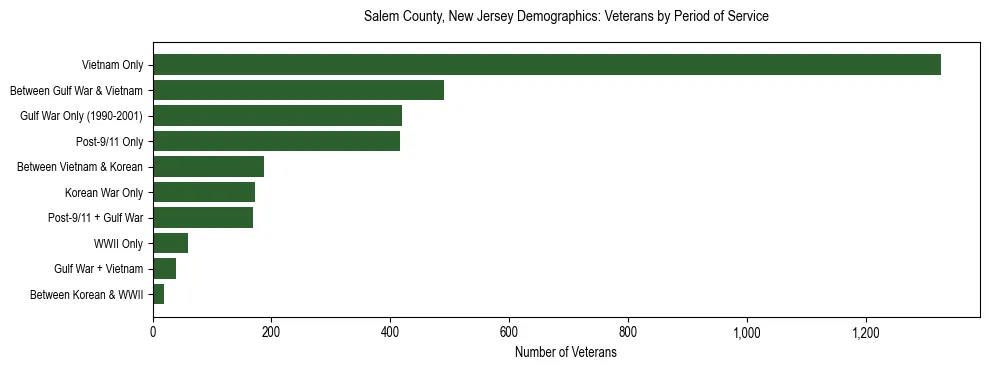 Horizontal bar chart showing veteran distribution by period of military service in Salem County, New Jersey, based on 2023 ACS data.