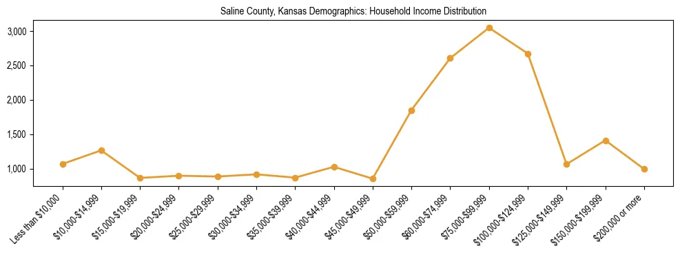 Horizontal bar chart showing household income distribution in Saline County, Kansas.