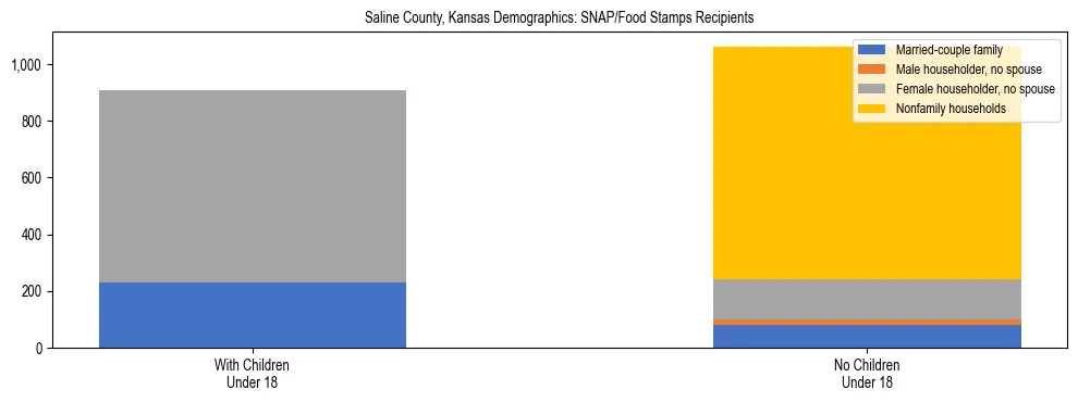 Stacked bar chart showing SNAP/Food Stamps recipient household composition by presence of children under 18 in Saline County, Kansas, based on 2023 ACS data.