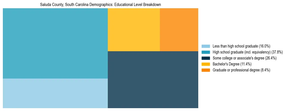 Treemap chart illustrating the educational attainment breakdown for population 25 years and over in Saluda County, South Carolina.