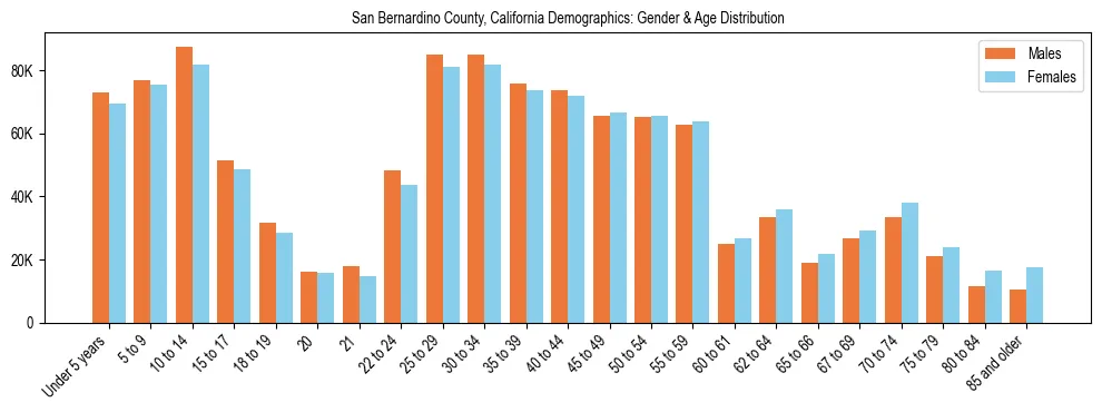 Bar chart showing the population distribution of San Bernardino County, California by age group and gender, based on 2023 ACS data.