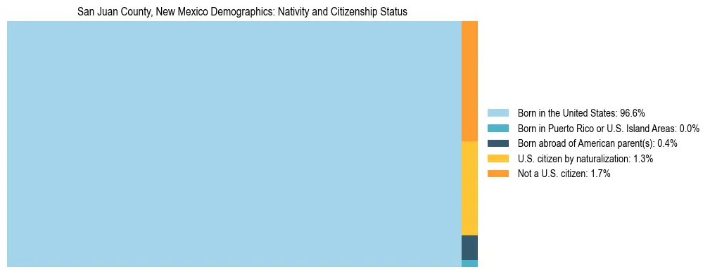 Treemap showing the population distribution by nativity and citizenship status in San Juan County, New Mexico based on U.S. Census data.