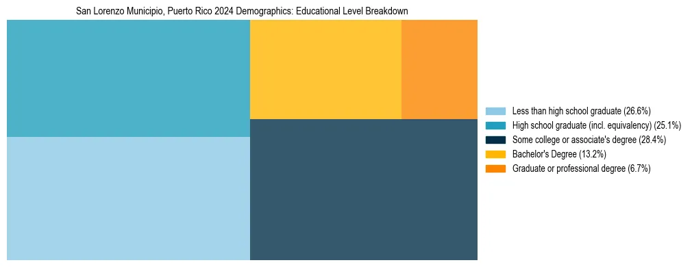 Treemap chart illustrating the educational attainment breakdown for population 25 years and over in San Lorenzo Municipio, Puerto Rico.