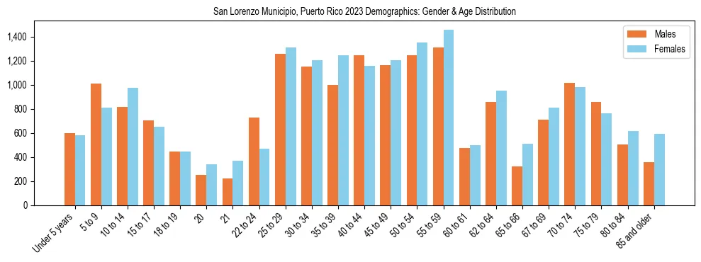 Bar chart showing the population distribution of San Lorenzo Municipio, Puerto Rico by age group and gender, based on 2023 ACS data.