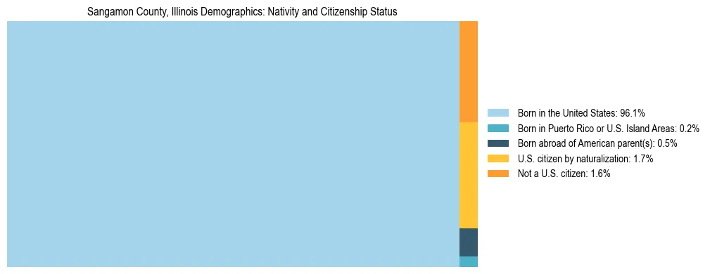 Treemap showing the population distribution by nativity and citizenship status in Sangamon County, Illinois based on U.S. Census data.