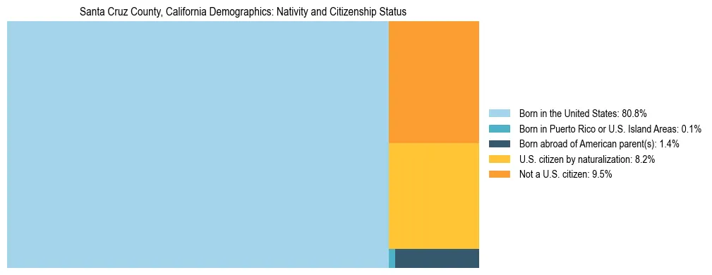 Treemap showing the population distribution by nativity and citizenship status in Santa Cruz County, California based on U.S. Census data.