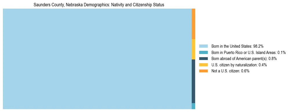 Treemap showing the population distribution by nativity and citizenship status in Saunders County, Nebraska based on U.S. Census data.