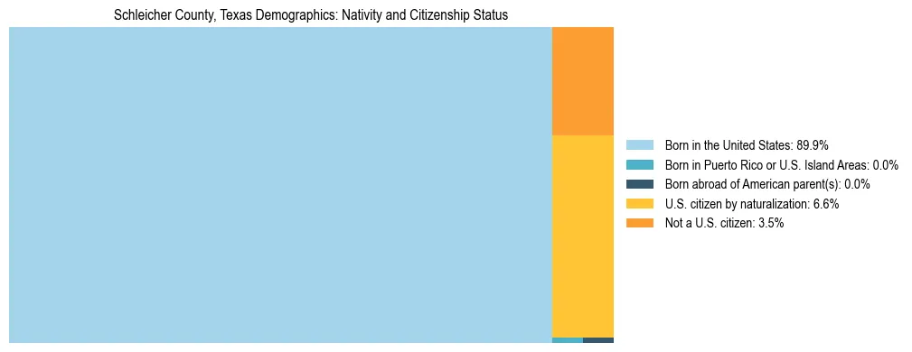 Treemap showing the population distribution by nativity and citizenship status in Schleicher County, Texas based on U.S. Census data.