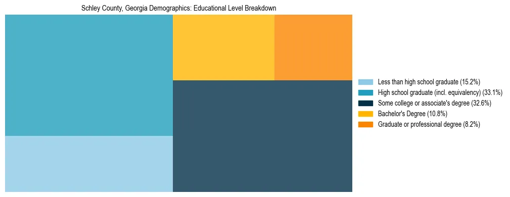 Treemap chart illustrating the educational attainment breakdown for population 25 years and over in Schley County, Georgia.