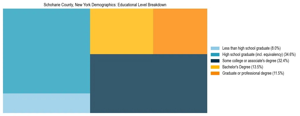 Treemap chart illustrating the educational attainment breakdown for population 25 years and over in Schoharie County, New York.