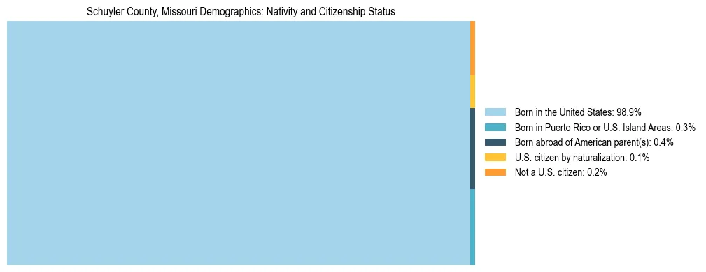 Treemap showing the population distribution by nativity and citizenship status in Schuyler County, Missouri based on U.S. Census data.