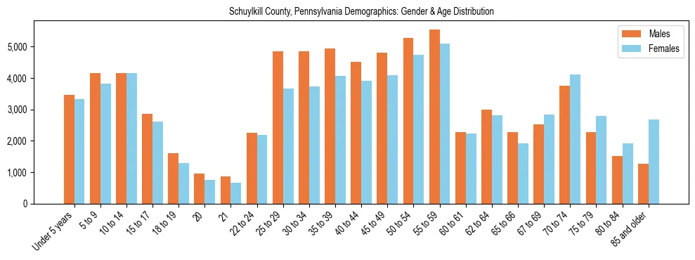 Bar chart showing the population distribution of Schuylkill County, Pennsylvania by age group and gender, based on 2023 ACS data.