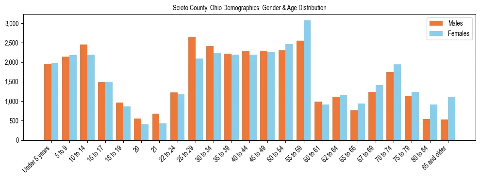 Bar chart showing the population distribution of Scioto County, Ohio by age group and gender, based on 2023 ACS data.