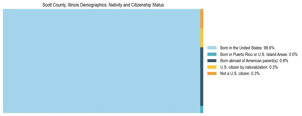 Treemap showing the population distribution by nativity and citizenship status in Scott County, Illinois based on U.S. Census data.