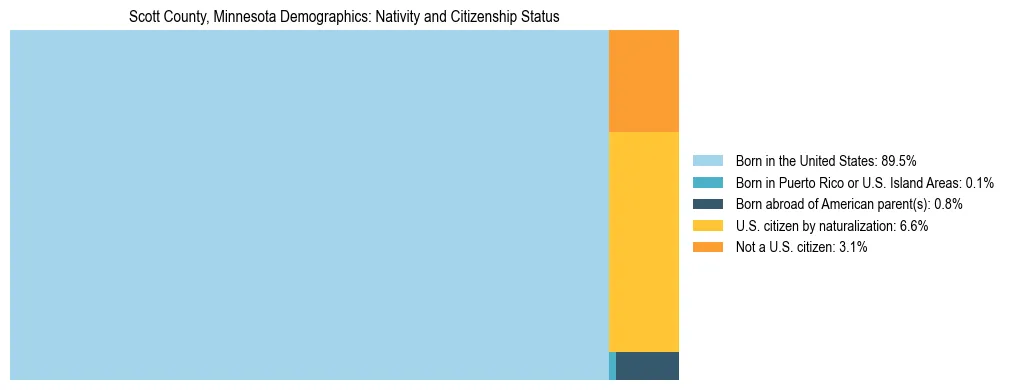 Treemap showing the population distribution by nativity and citizenship status in Scott County, Minnesota based on U.S. Census data.