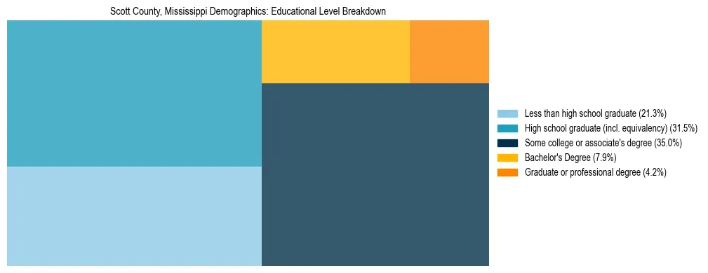 Treemap chart illustrating the educational attainment breakdown for population 25 years and over in Scott County, Mississippi.