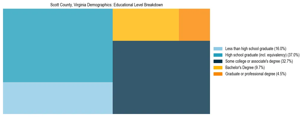 Treemap chart illustrating the educational attainment breakdown for population 25 years and over in Scott County, Virginia.