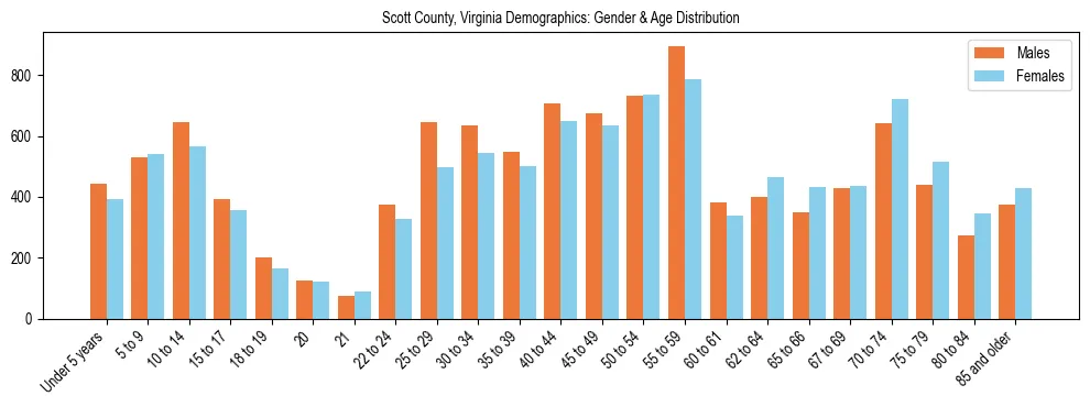 Bar chart showing the population distribution of Scott County, Virginia by age group and gender, based on 2023 ACS data.