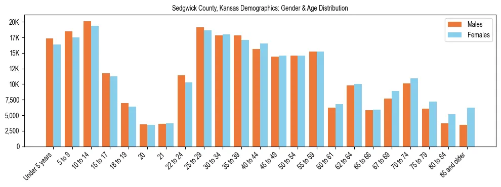 Bar chart showing the population distribution of Sedgwick County, Kansas by age group and gender, based on 2023 ACS data.