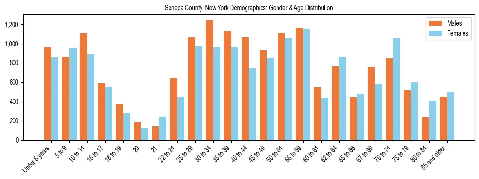 Bar chart showing the population distribution of Seneca County, New York by age group and gender, based on 2023 ACS data.