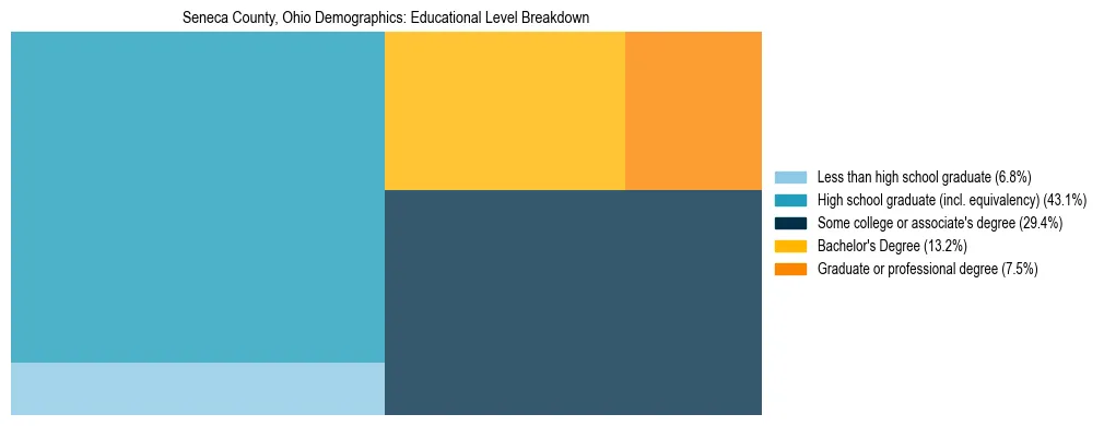 Treemap chart illustrating the educational attainment breakdown for population 25 years and over in Seneca County, Ohio.
