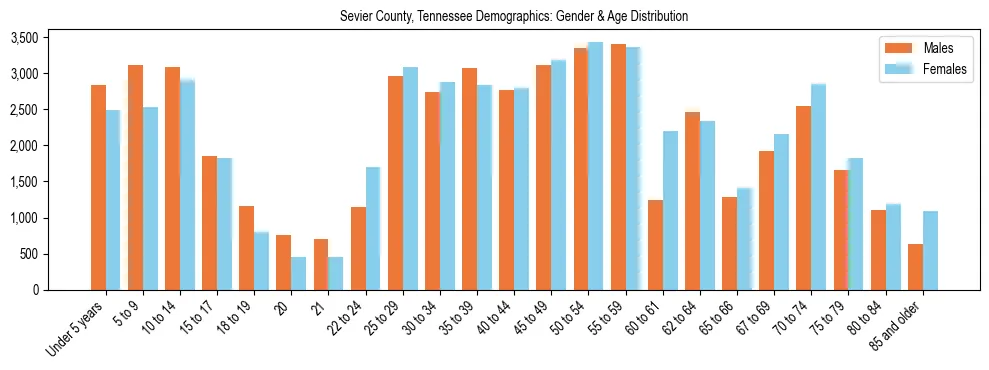 Bar chart showing the population distribution of Sevier County, Tennessee by age group and gender, based on 2023 ACS data.