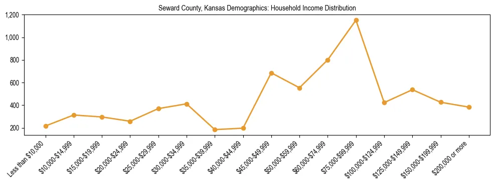Horizontal bar chart showing household income distribution in Seward County, Kansas.
