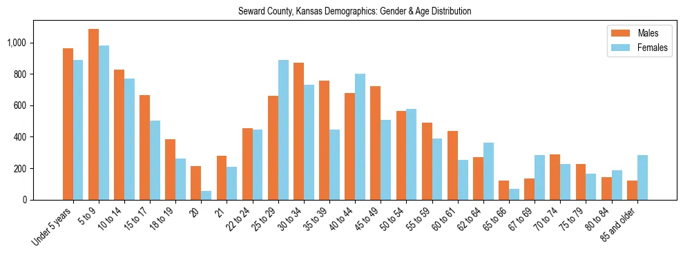 Bar chart showing the population distribution of Seward County, Kansas by age group and gender, based on 2023 ACS data.