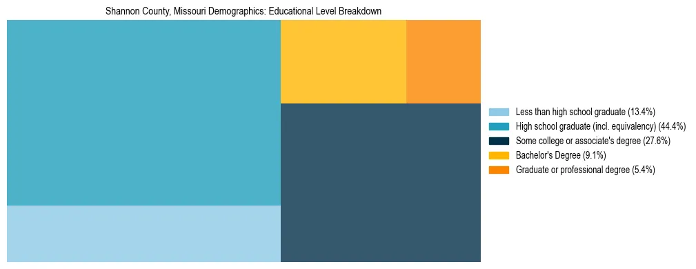 Treemap chart illustrating the educational attainment breakdown for population 25 years and over in Shannon County, Missouri.