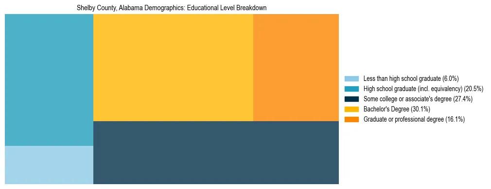 Treemap chart illustrating the educational attainment breakdown for population 25 years and over in Shelby County, Alabama.