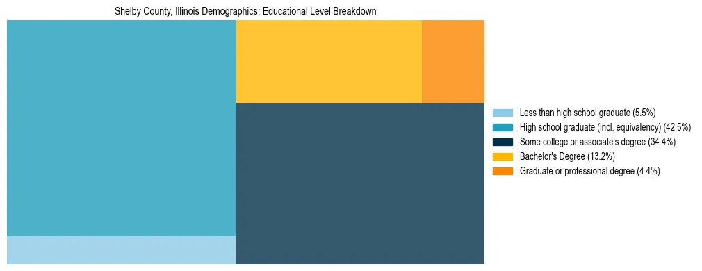 Treemap chart illustrating the educational attainment breakdown for population 25 years and over in Shelby County, Illinois.
