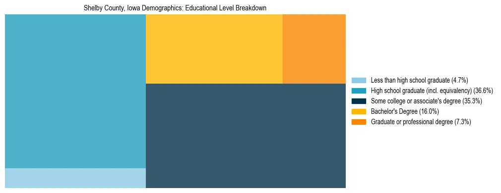 Treemap chart illustrating the educational attainment breakdown for population 25 years and over in Shelby County, Iowa.