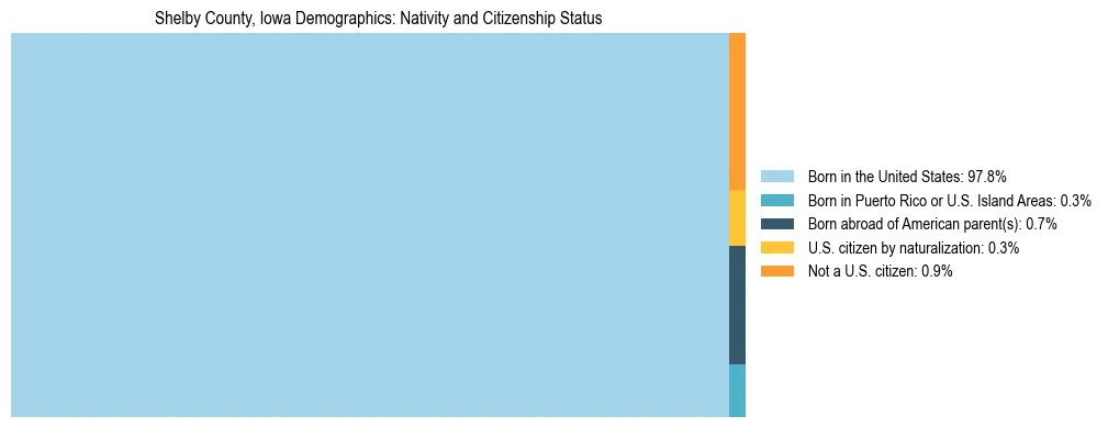 Treemap showing the population distribution by nativity and citizenship status in Shelby County, Iowa based on U.S. Census data.