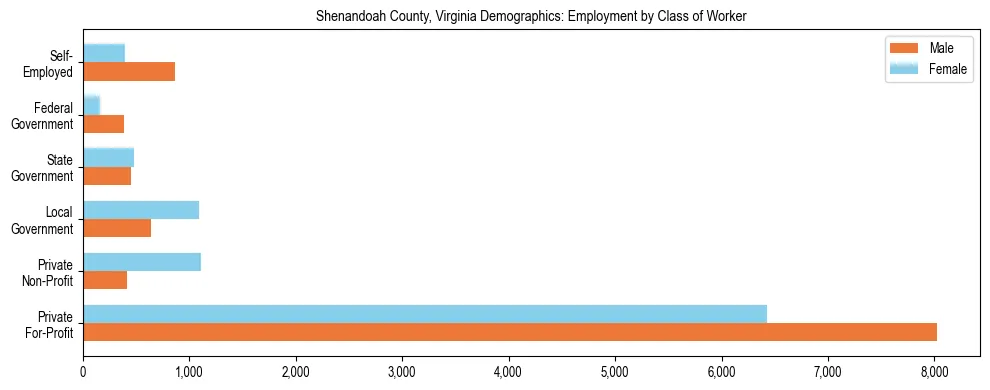 Horizontal bar chart showing employment distribution by class of worker and gender in Shenandoah County, Virginia, based on 2023 ACS data.