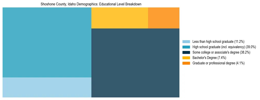 Treemap chart illustrating the educational attainment breakdown for population 25 years and over in Shoshone County, Idaho.