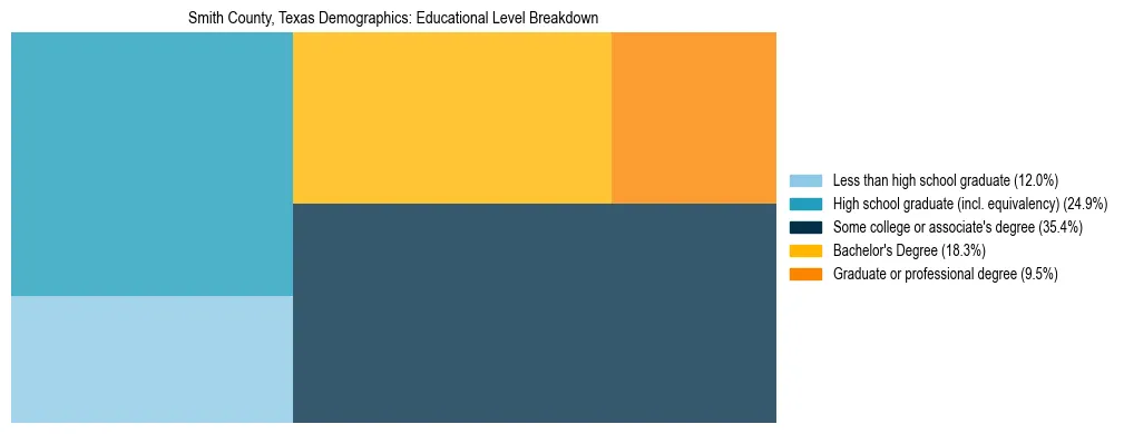 Treemap chart illustrating the educational attainment breakdown for population 25 years and over in Smith County, Texas.