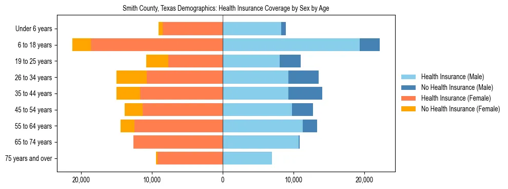 Pyramid chart showing health insurance coverage by age and sex in Smith County, Texas.