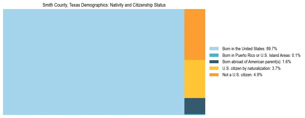 Treemap showing the population distribution by nativity and citizenship status in Smith County, Texas based on U.S. Census data.