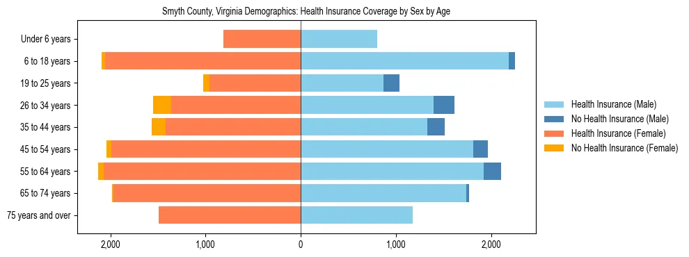 Pyramid chart showing health insurance coverage by age and sex in Smyth County, Virginia.