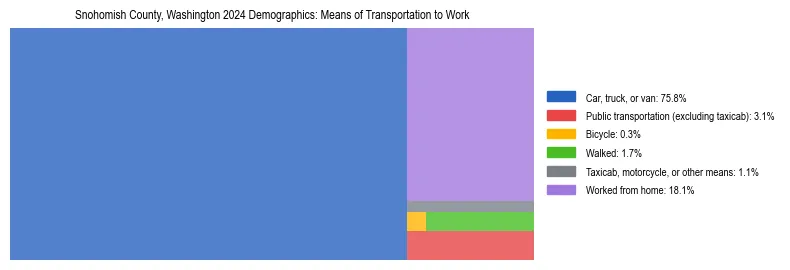 Treemap showing means of transportation to work distribution in Snohomish County, Washington.