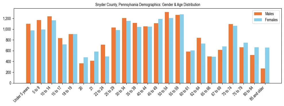Bar chart showing the population distribution of Snyder County, Pennsylvania by age group and gender, based on 2023 ACS data.