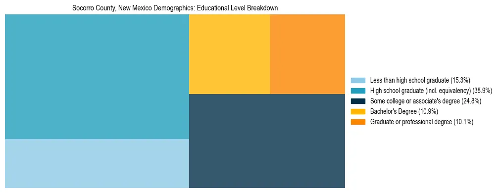 Treemap chart illustrating the educational attainment breakdown for population 25 years and over in Socorro County, New Mexico.
