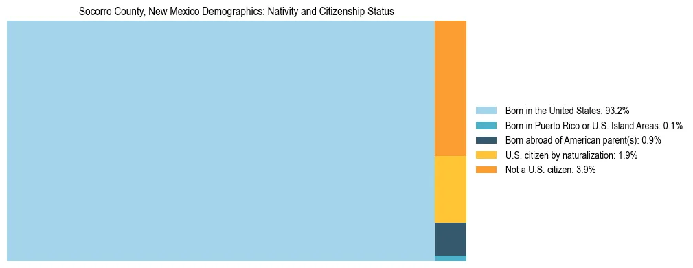 Treemap showing the population distribution by nativity and citizenship status in Socorro County, New Mexico based on U.S. Census data.