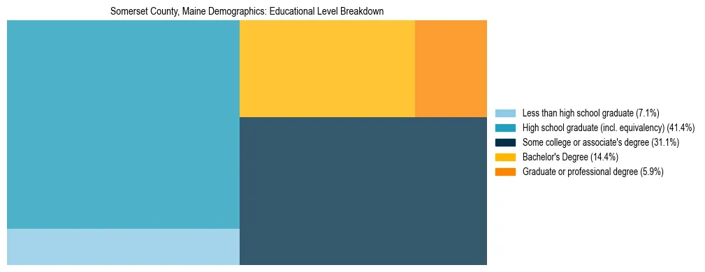 Treemap chart illustrating educational attainment levels for adults 25+ in Somerset County, Maine based on 2023 ACS data.