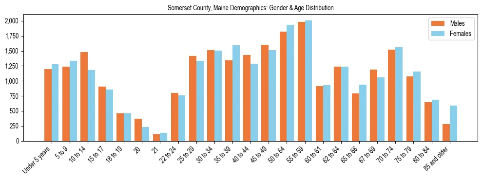 Population pyramid for Somerset County, Maine showing male vs female age distribution based on 2023 ACS data.