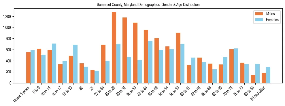 Bar chart showing the population distribution of Somerset County, Maryland by age group and gender, based on 2023 ACS data.