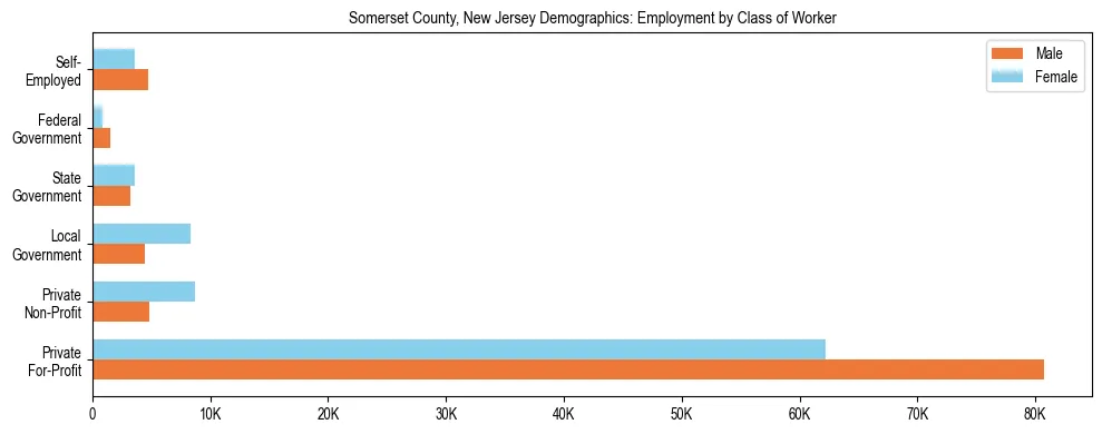 Horizontal bar chart showing employment distribution by class of worker and gender in Somerset County, New Jersey, based on 2023 ACS data.