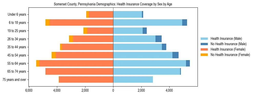 Pyramid chart showing health insurance coverage by age and sex in Somerset County, Pennsylvania.